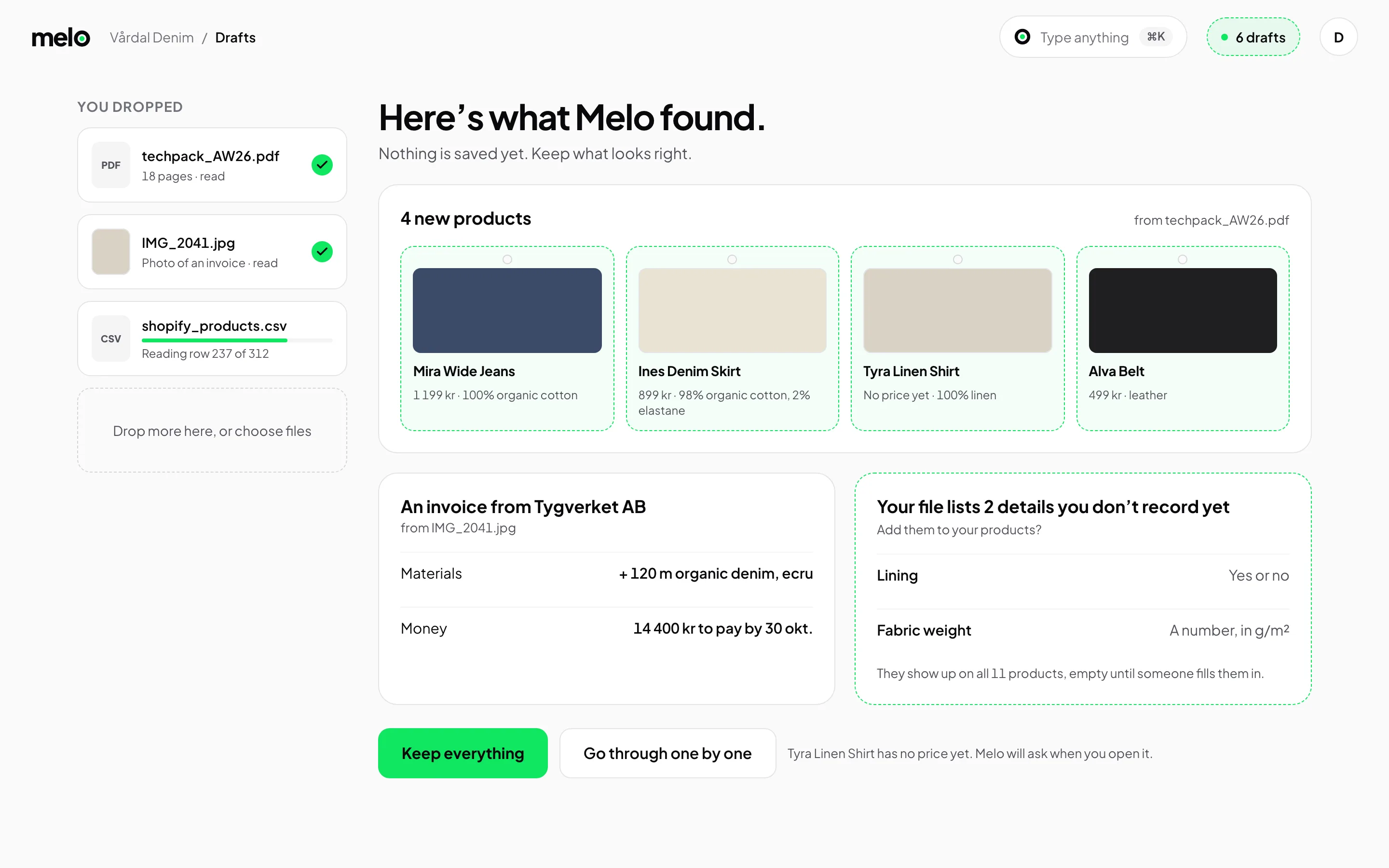 Melo’s drafts: four products read from a tech pack and an invoice read from a photo